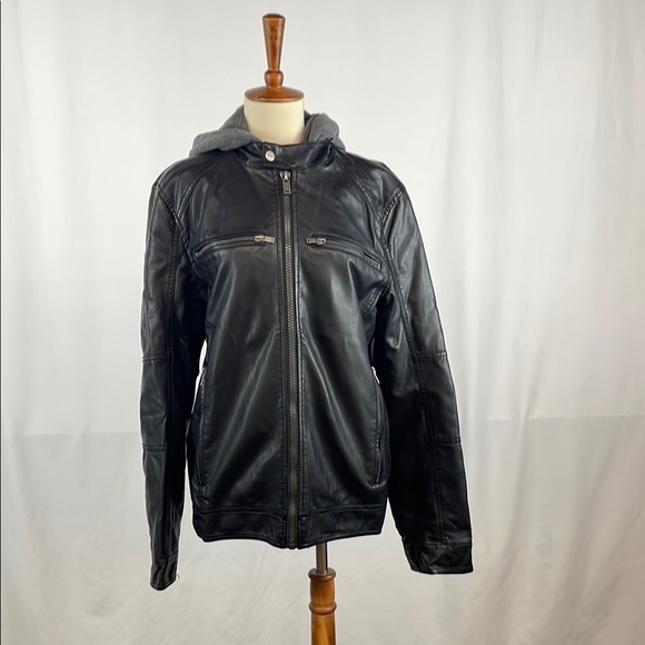 Guess Black Faux Leather Jacket w/Gray Hoodie Detachable Insert